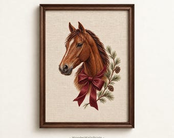 Equestrian Wall Art | Christmas Horse Print with Burgundy Bow | Digital Download
