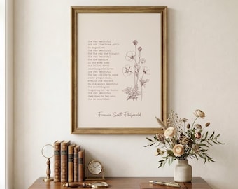 Fitzgerald Quote Print | She Was Beautiful | Literary Wall Art | Book Lover Gift | Romantic Home Decor | Girls Room Art | Digital Download
