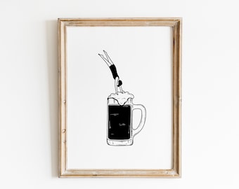 Beer Print / Beer Wall Art / Beer Diving Print /  Bar Cart Print / Bar Sign Print / Bar Sketch Print / Bar Wall Decor / Beer Retro Print