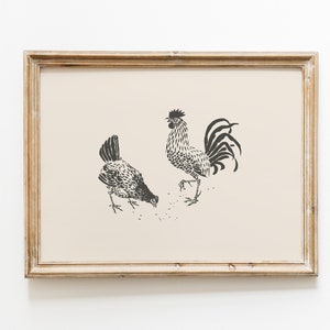 Rooster and Hen Vintage Print | Antique Vintage Drawing | Farmhouse Wall Art | Country Decor