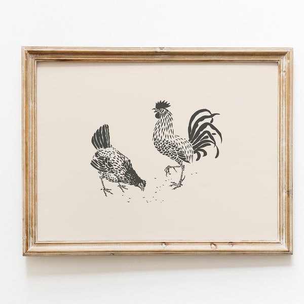 Coq et poule vintage Print | Dessin vintage antique | Art mural de ferme | Décor de campagne