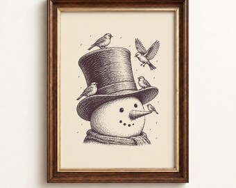 Snowman Print | Vintage Christmas Wall Art | Rustic Winter Decor | Digital Download