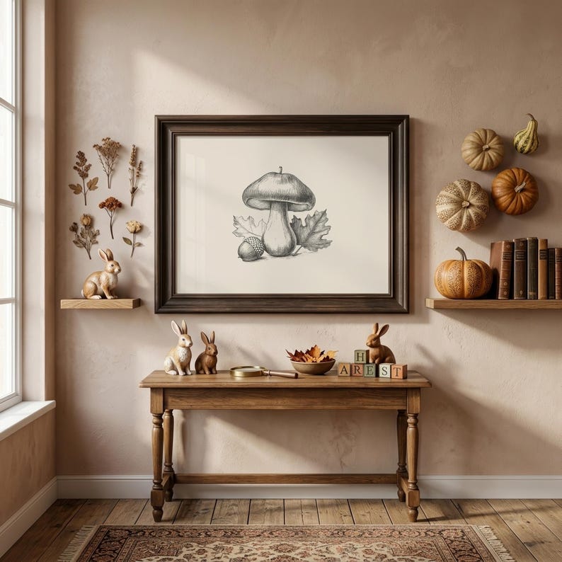 Pode incluir: Um desenho a carv&atilde;o emoldurado de um cogumelo, uma bolota e folhas centralizado numa parede. A divis&atilde;o apresenta uma mesa de consola em madeira, duas figuras de coelho, uma ta&ccedil;a de folhas secas, blocos de madeira e prateleiras com ab&oacute;boras.