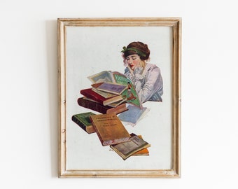 Stampa vintage di donna che legge: arte per amanti dei libri (download digitale)