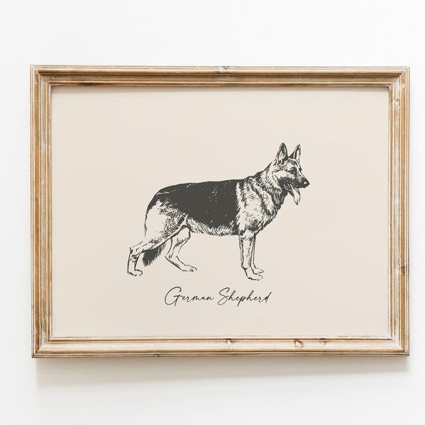 Dog Vintage Print | German Shepherd Print | Dog Drawing | Farmhouse Print | Countryside Wall Art