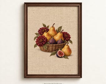 Fruit Still Life Print | Pears & Figs in Embroidery Style | Fall Kitchen Decor | Digital Download
