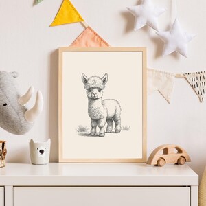 May include: A framed wall art print featuring a detailed black and white pencil sketch of a fluffy baby alpaca standing on grass. The artwork is enclosed in a light-colored wooden frame, showcasing the animal's textured fur and expressive face.