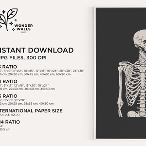 May include: A digital print featuring a light-colored human skeleton illustration against a dark gray background. The text includes WONDER WALLS PRINTS, INSTANT DOWNLOAD, 5 JPG FILES, 300 DPI, and various aspect ratios with dimensions in inches.