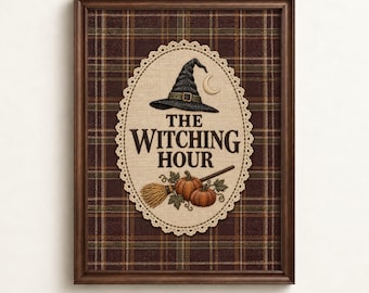 Halloween Wall Art | Witch Hat Print | Vintage Fall Decor | Plaid Pumpkin Artwork | Digital Download