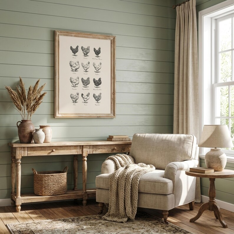 May include: A framed print featuring illustrations of various chicken breeds hangs above a wooden console table. The room has a neutral color palette with a beige armchair, a woven basket, and a decorative lamp. The wall is painted a muted green.