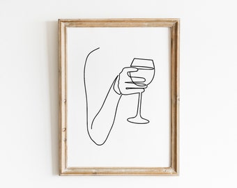 Wine Print Line Art / Wine Glass Print / Woman Hand Silhouette Print / Wine Lover Gift for Woman / Kitchen Wine Decor / Wine Printable Art