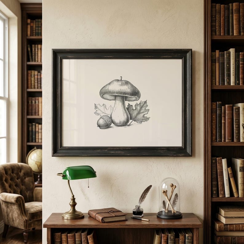 Pode incluir: Um desenho a carv&atilde;o a preto e branco de um cogumelo, uma bolota e uma folha, emoldurado numa moldura de madeira escura. A obra apresenta sombreados e tra&ccedil;os detalhados, centrados num fundo claro dentro da moldura retangular.