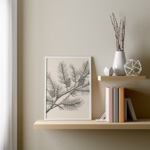 May include: A framed wall art print featuring a black and white botanical sketch of a pine branch with needles and pinecones on a light beige background, displayed on a wooden shelf next to a white vase with twigs and a stack of colorful books.