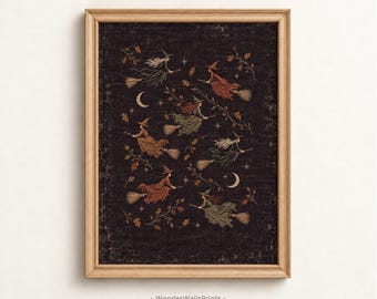 Witchy Wall Art Print | Flying Witches Whimsical Print | Vintage Rustic Textile Style | Digital Download