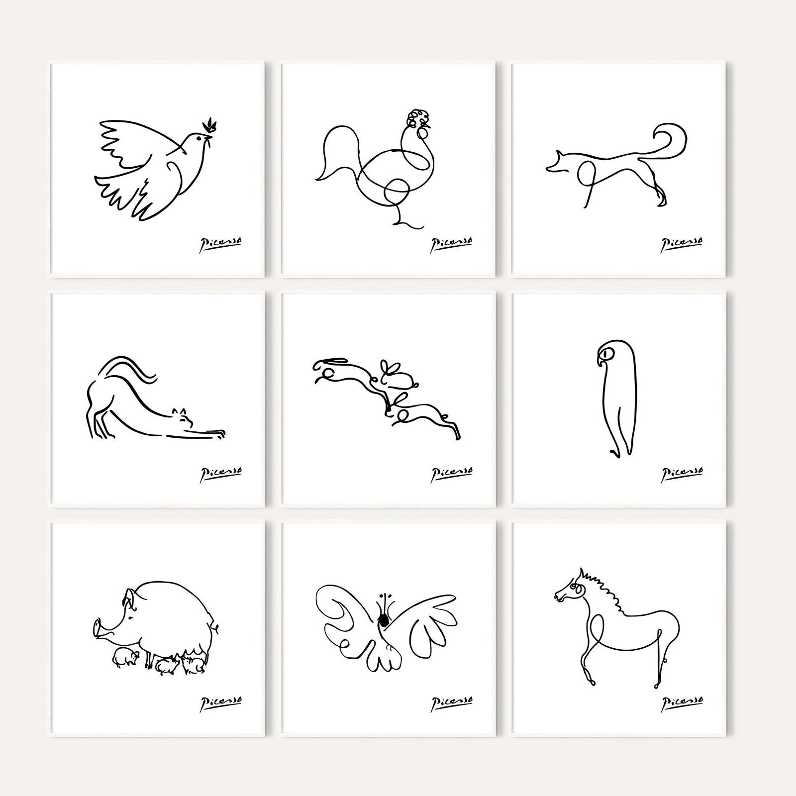 ピカソの線画プリントセット｜ミニマルな動物のウォールアート｜ピカソ