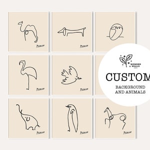 Custom Picasso Animals Prints / Picasso Prints Set of 9 / Picasso Line Drawings / Animal Sketches / Custom Background / Custom Prints