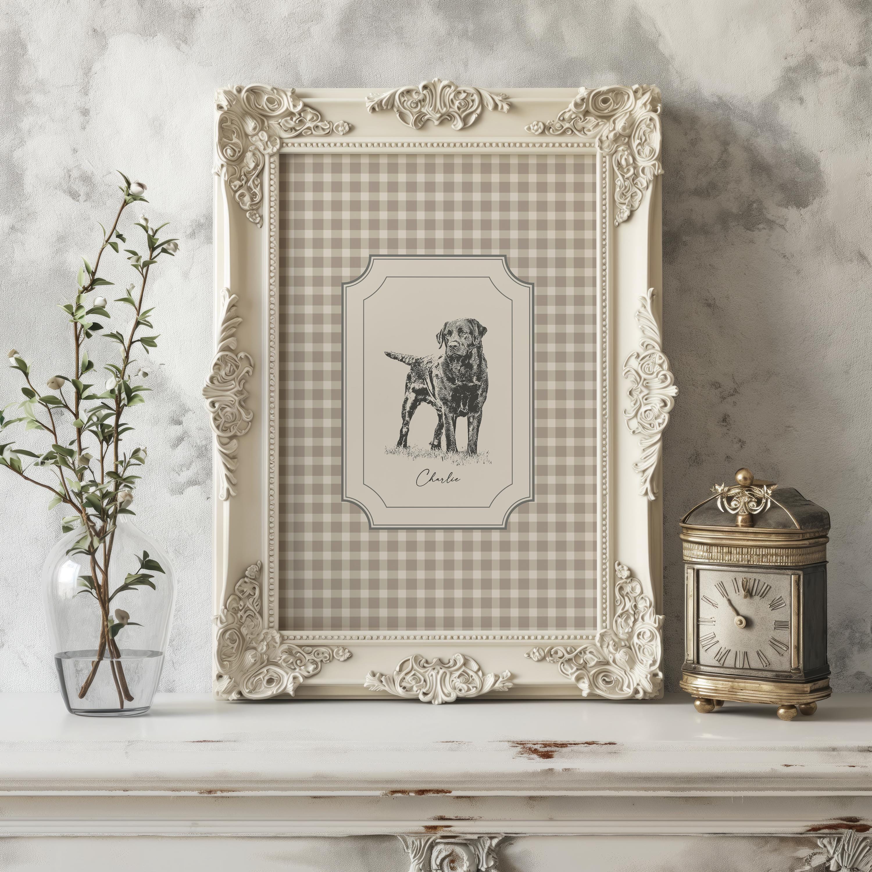 Custom Dog Portrait Print | Gingham Wall Art | Cottagecore Decor | Dog ...