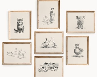 Farmhouse Nursery Wall Art | Baby Animal Print Set | Cottagecore Nursery | Farm Animal Nursery | Storybook Nursery Art | Digital Download