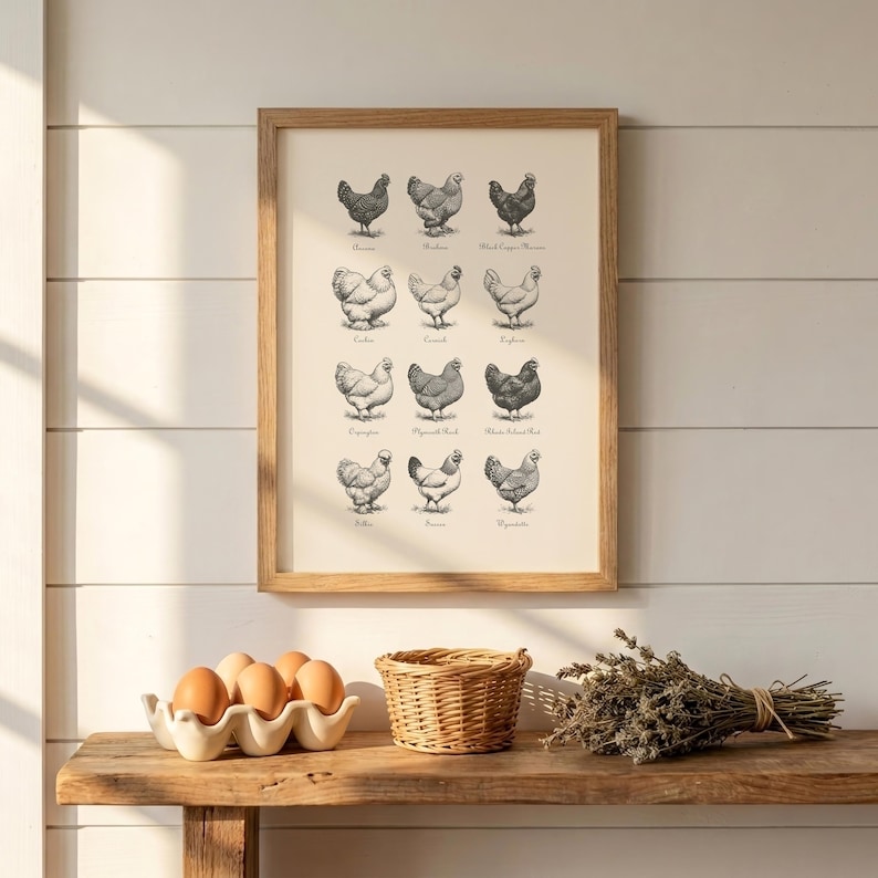 May include: Framed print featuring detailed illustrations of various chicken breeds. The artwork is in black and white, showcasing different types of chickens with their names below. The print is displayed on a wooden table with eggs and a basket.