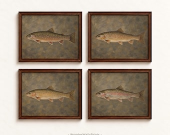 Trout Prints Set of 4 | Vintage Fish Wall Art Oil Painting | Fly Fishing Decor | Digital Download