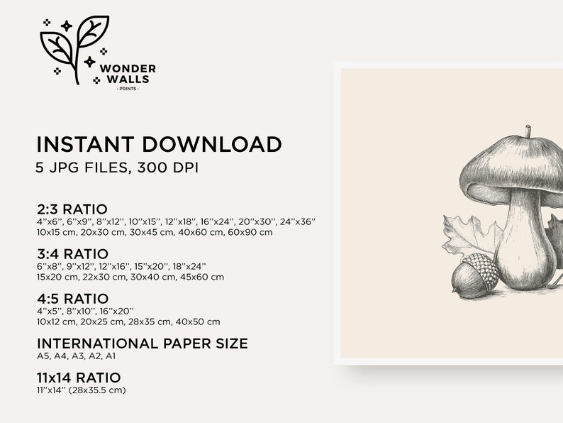 Pode incluir: Uma impress&atilde;o de arte digital com um esbo&ccedil;o a l&aacute;pis em preto e branco de um cogumelo, uma bolota e uma folha num fundo creme. O texto inclui Wonder Walls Prints, Instant Download, 5 ficheiros JPG, 300 DPI e v&aacute;rios r&aacute;cios como 2:3, 3:4, 4:5, 11x14 e tamanhos de papel internacionais.