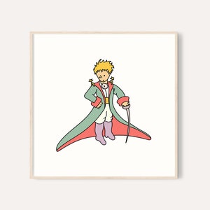Puede incluir: Ilustraci&oacute;n enmarcada de un pr&iacute;ncipe de dibujos animados. El pr&iacute;ncipe tiene el pelo rubio y lleva un abrigo verde con ribetes rojos, un cintur&oacute;n dorado y botas moradas. Sostiene un bast&oacute;n y est&aacute; sobre un fondo blanco.
