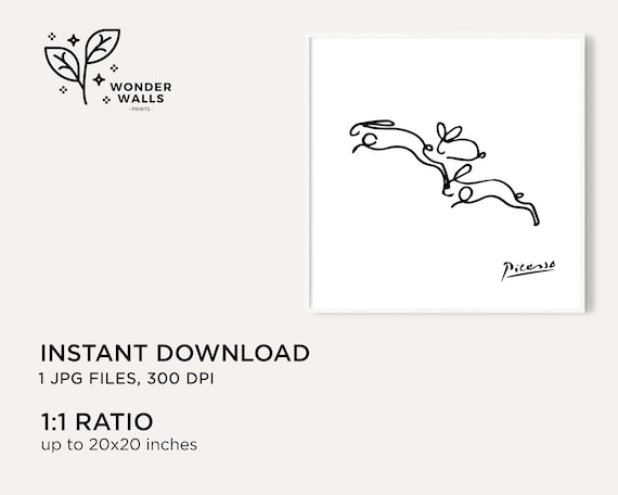 ピカソのウサギの線画プリント：ミニマリストの保育園アート（デジタル