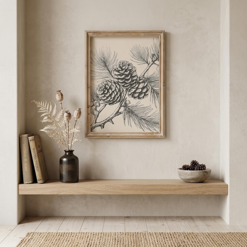 Vintage pencil sketch botanical illustration of pine cones and pine branch on cream background displayed in light wooden frame in minimalist Scandinavian alcove with black ceramic vase with dried botanical stems, bowl of pine cones and antique books — pine cone botanical wall art digital download, perfect for farmhouse home decor, woodland living room, cottagecore wall art, fall seasonal decor or nature lover gift