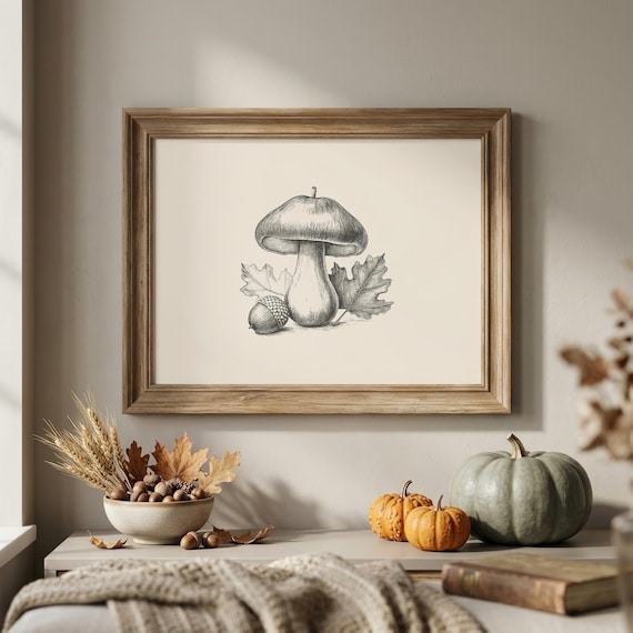 Mushroom Print | Oak Leaf Print | Cottagecore Autumn Decor | Woodland Wall Decor | Rustic Fall Wall Art | Digital Download