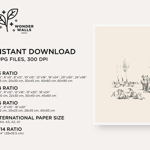 Pu&ograve; includere: Una stampa d'arte digitale con uno schizzo a inchiostro nero di bestiame in un campo su sfondo color crema. Il testo include WONDER WALLS PRINTS, INSTANT DOWNLOAD, 5 JPG FILES, 300 DPI, ed elenca vari rapporti d'aspetto e dimensioni in centimetri.
