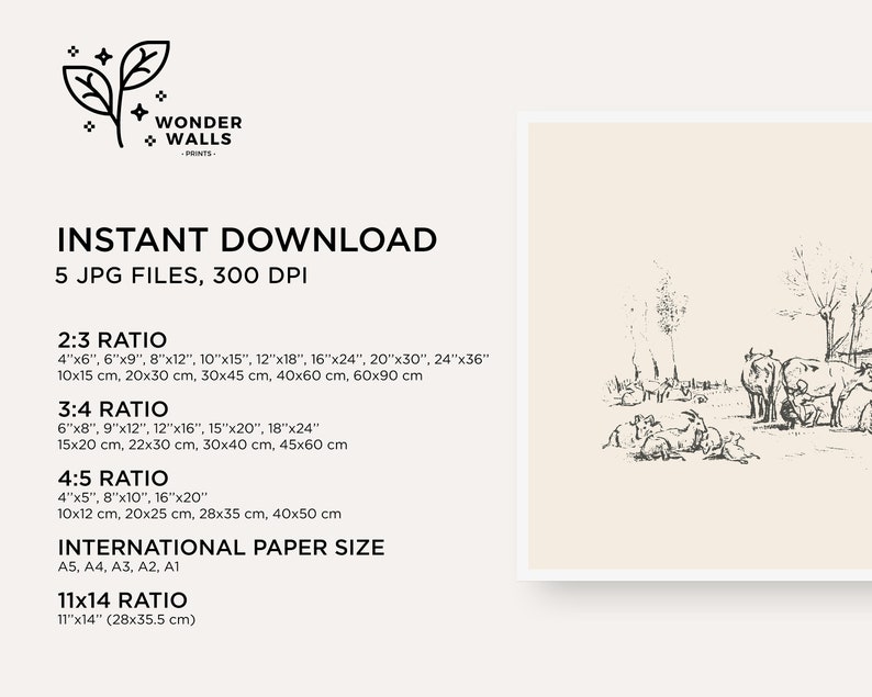 Pu&ograve; includere: Una stampa d'arte digitale con uno schizzo a inchiostro nero di bestiame in un campo su sfondo color crema. Il testo include WONDER WALLS PRINTS, INSTANT DOWNLOAD, 5 JPG FILES, 300 DPI, ed elenca vari rapporti d'aspetto e dimensioni in centimetri.