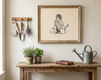 Vintagetryck av trädgårdsflicka | Väggkonst i Cottagecore | Köksinredning i lantlig stil | Gåva för trädgårdsälskare | Botanisk heminredning | Digital nedladdning