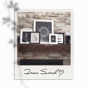 May include: A white brick fireplace mantel decorated with Halloween-themed artwork. The artwork includes a black and white skeleton, a pumpkin, a spiderweb, and a spider. The mantel also features a black bird figurine and a white pumpkin with a black face.