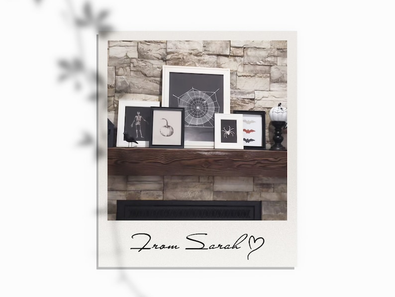 May include: A white brick fireplace mantel decorated with Halloween-themed artwork. The artwork includes a black and white skeleton, a pumpkin, a spiderweb, and a spider. The mantel also features a black bird figurine and a white pumpkin with a black face.