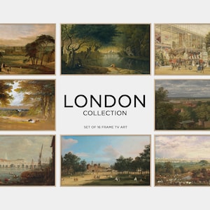 May include: A set of 16 framed TV art prints featuring scenic views of London, England. The prints depict various landmarks and landscapes, including a bridge, a park, and a building with a glass roof. The prints are arranged in a grid pattern and have a rustic, vintage aesthetic.