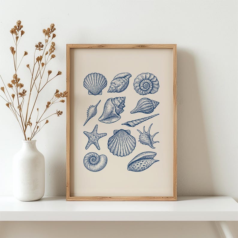 Seashell Wall Art | Blue Seashell Collection Print | Coastal Bathroom ...