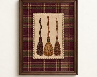 Witch Broom Print | Halloween Wall Art | Cottagecore Decor | Burgundy Plaid Artwork | Digital Download
