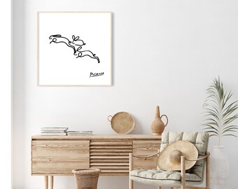 ピカソのウサギの線画プリント：ミニマリストの保育園アート（デジタル