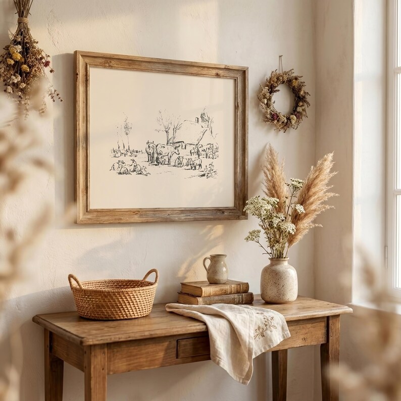 Pu&ograve; includere: Un disegno a linee in bianco e nero incorniciato raffigurante una scena di fattoria con animali, appeso a una parete sopra un tavolo di legno. Il tavolo contiene un cesto intrecciato, due libri impilati, una piccola brocca in ceramica e un vaso.