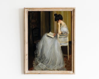 Stampa d'epoca di una donna che legge un libro: ritratto antico (download digitale)
