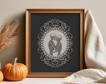 Skeleton Wall Art | Gothic Skeleton Lovers Print | Dark Romantic Art | Halloween Decor | Gothic Anniversary Gift | Digital Download