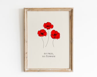 Poppies Print: No Rain No Flowers Quote (Digital Download)