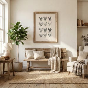 May include: A farmhouse-style living room with a wooden bench, pillows, and a woven throw. A framed print of chicken illustrations hangs above the bench. A large potted plant and a jute rug complete the cozy, neutral-toned space.