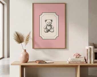 Nallebjörnstryck för barnrum | Rosa nallebjörnstryck för barn | Vintagetryck för barn | Barnrumsdekor för flickor | Väggkonst för babyflicka | Flickrumsdekor