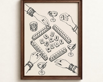 Mahjong Wall Art | Tiles & Cocktails Print | Vintage Game Room Decor | Digital Download