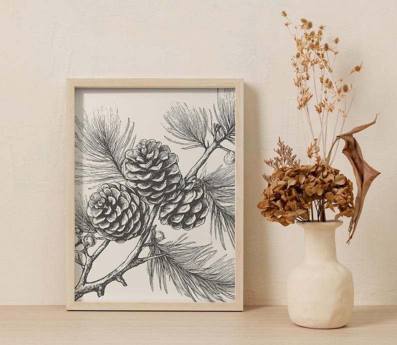 May include: A framed monochrome botanical print depicting pine cones and needles. The artwork is set on a light surface, with a small white vase holding dried flowers to the right. The print is in a light wooden frame.