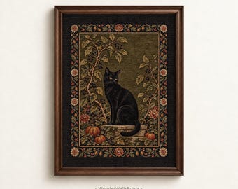 Vintage Dark Textile Art Print | Halloween Black Cat Wall Art | Rustic Tapestry Style | Witchy Botanicals | Digital Download