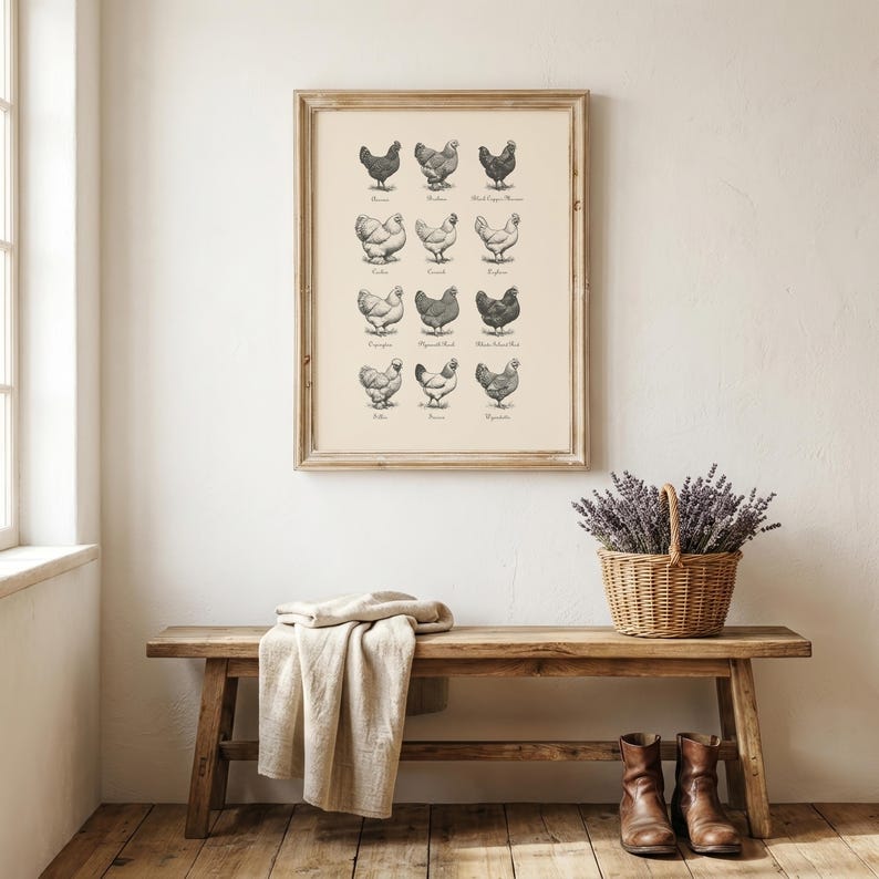 May include: A framed print featuring detailed illustrations of various chicken breeds. The artwork is in a vintage style, with each chicken depicted in a grayscale palette. The frame is a light brown color, and the print is displayed on a cream-colored background.