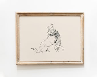 Girl and a Dog Vintage Print | Dog Wall Art | Dog Drawing | Farmhouse Wall Decor | Countryside Wall Art