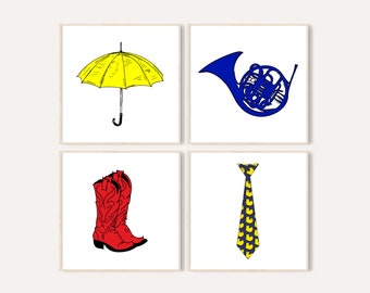 Set of 4 Printable Wall Art / Yellow Umbrella, Blue Horn, Red Boots, Duck Tie / Minimalist Wall Art / Movie Printable Poster